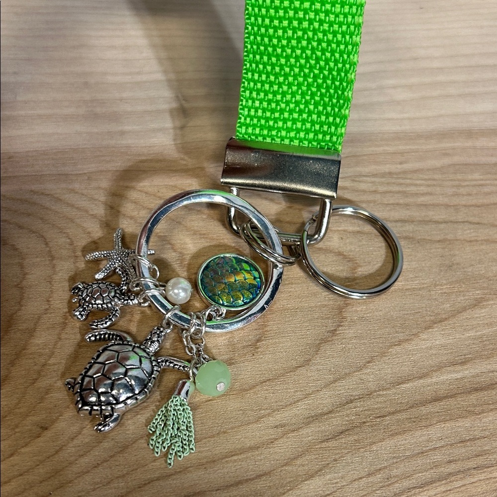 Cute turtle family charm Keychain with Green strap
